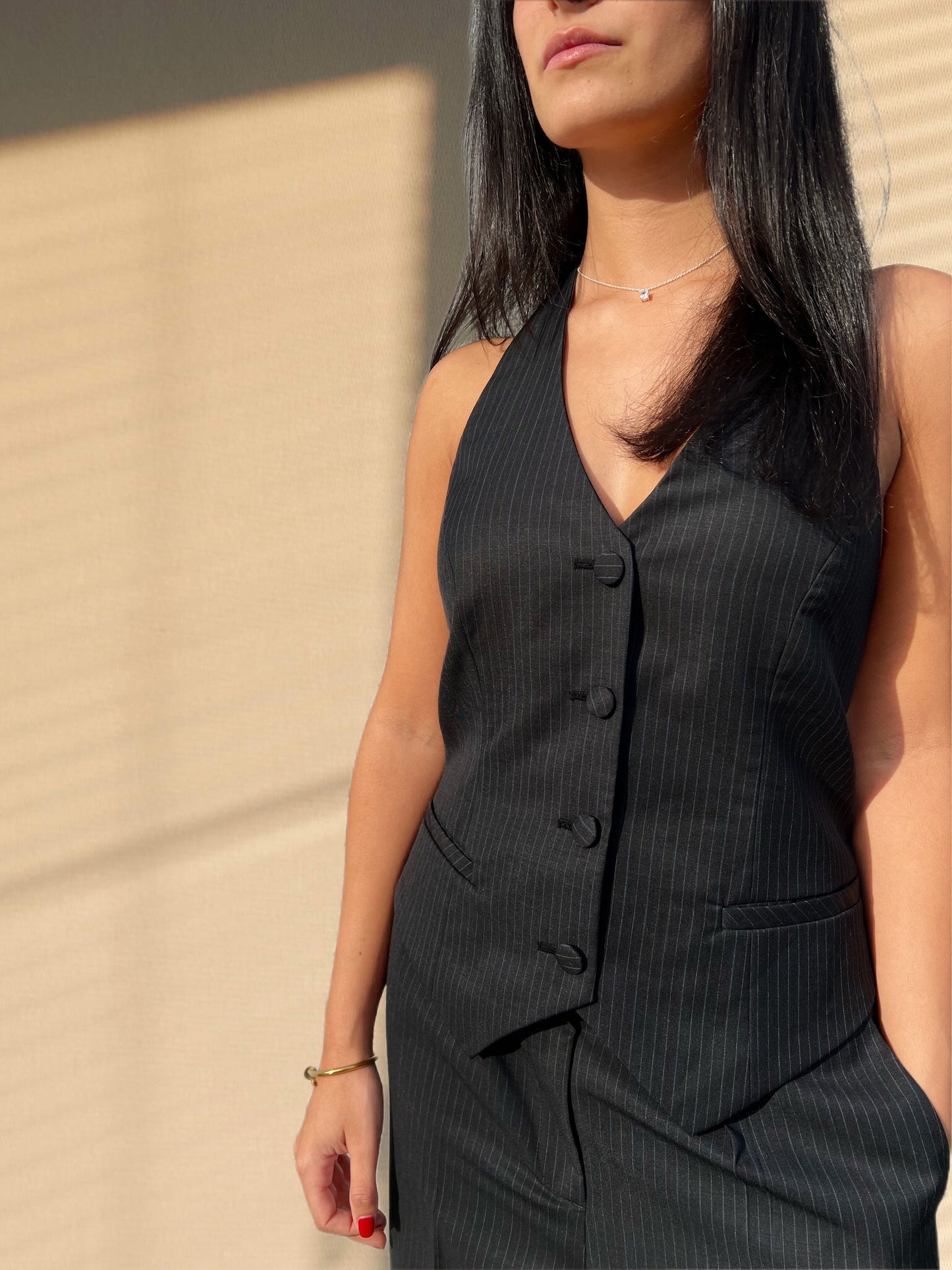 Vanessa Set with Gilet in Dark Grey Pinstripe